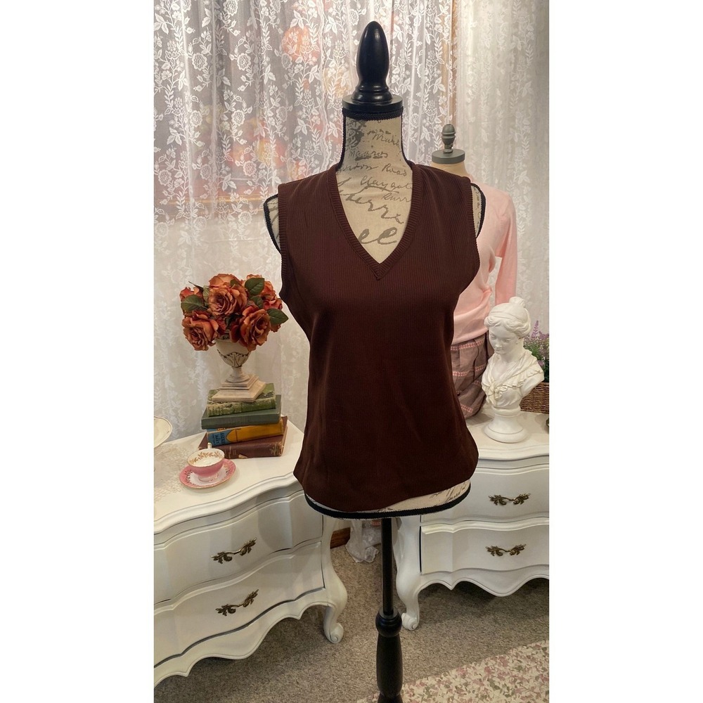 Vintage Magda Brown Ribbed V-Neck Sweater Vest Sleeveless Knit Top